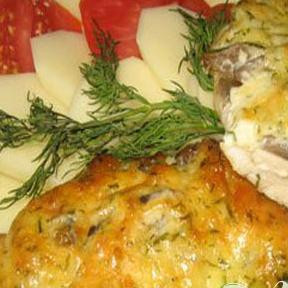 1. Этап. Куриное филе с грибами под сыром: 6. Куриное филе готово! Приятного аппетита.