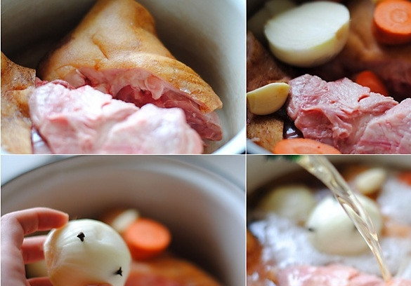 1. Этап. Свиная рулька с квашеной тушеной капустой: 1. Помещаем рульку в глубокую большую емкость. Разрезаем пополам чеснок и луковицу. Крупно рубим морковь, добавляем специи (лавровый лист и перец горошком). Заливаем водой и ставим на огонь. Варим до готовности рульки (около 1,5 часов на слабом огне).