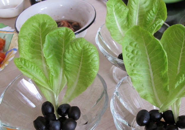 1. Этап. Салат Коктейль с морепродуктами: Укладываем в вазочки листья салата и маслины.