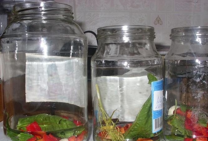 1. Этап. Цветная капуста консервированная: На дно банок уложить специи и порезанные овощи.