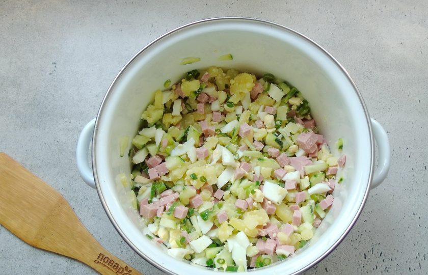 1. Этап. Окрошка на воде с уксусом и майонезом: Перемешайте картошку, яйца, огурцы, колбасу и зеленый лук.