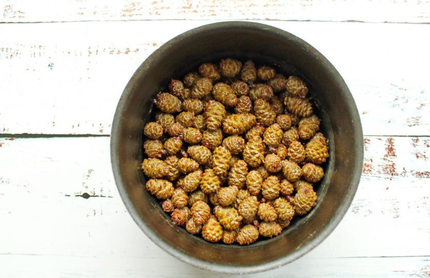 1. Этап. Варенье из сосновых шишек с медом: Воду с шишек слейте, добавьте чистую воду и доведите до кипения на среднем огне. Варите сосновые шишки в течение 30 минут, снимая пену.