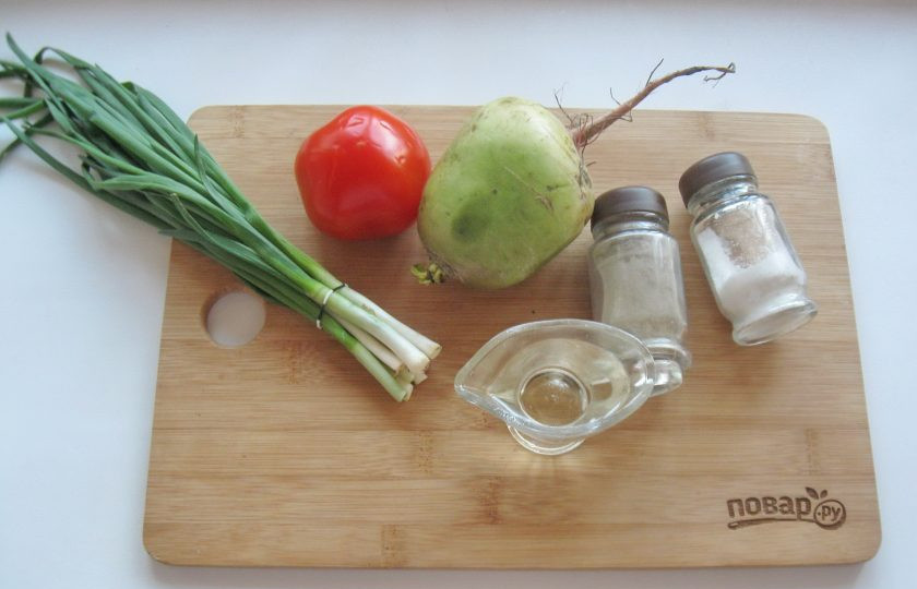 1. Этап. Салат из редьки зеленой: Подготовьте ингредиенты для приготовления салата.