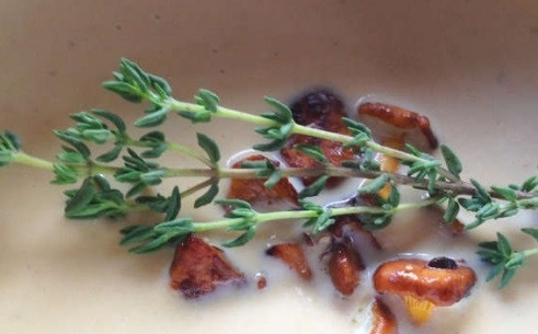 1. Этап. Крем-суп из лисичек: 4. Добавляем нарезанную петрушку и укроп, а сверху на суп выкладываем для красоты тимьян. Приятного аппетита!