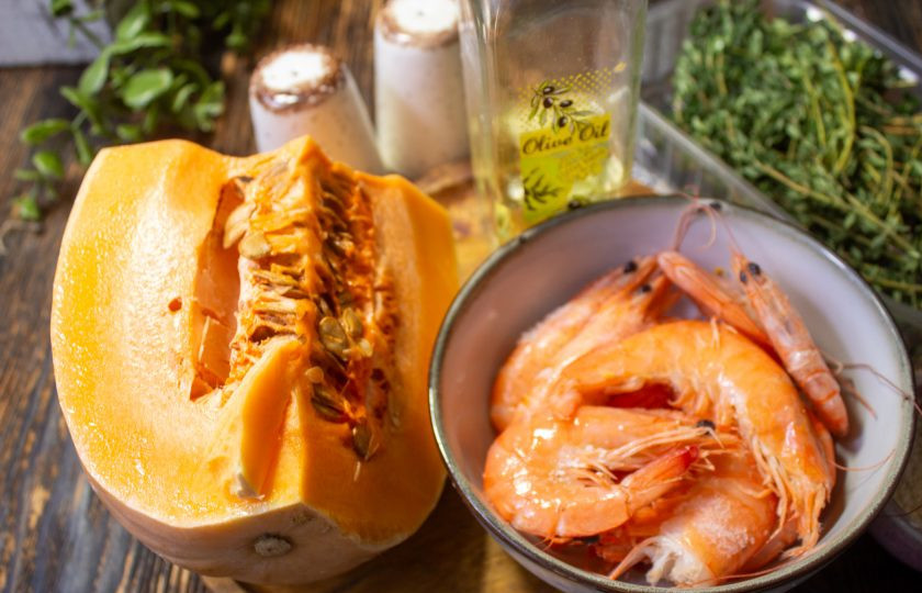 1. Этап. Креветки с тыквой: Подготовьте продукты по списку.