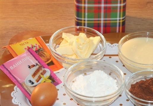 1. Этап. Шоколадное печенье с черешней на сгущенке: 1. Подготовим продукты по списку.