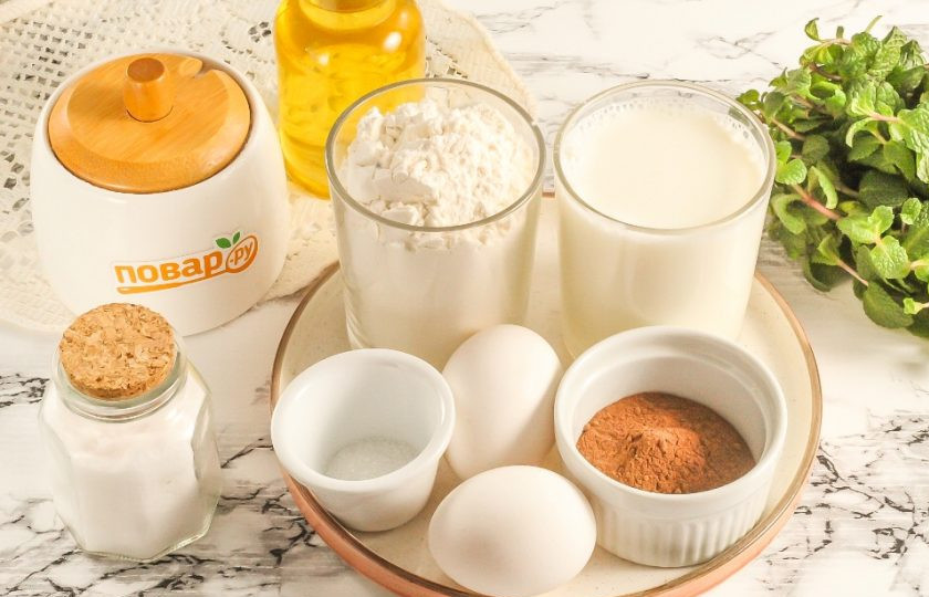 1. Этап. Шоколадные блины с рисунком: Подготовьте указанные ингредиенты. Какао выбирайте любого сорта и цвета по своему вкусу.