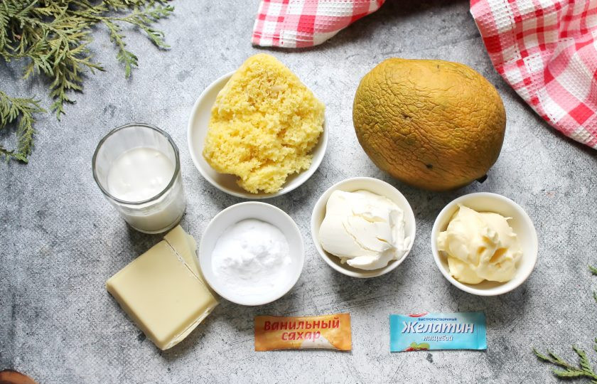 1. Этап. Муссовый торт с манго: Подготовьте все необходимые ингредиенты для приготовления муссового торта с манго.