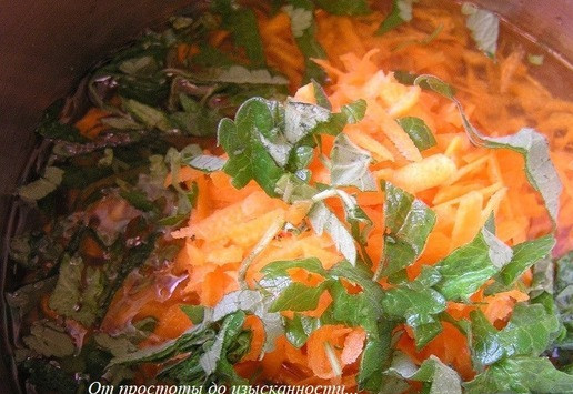 1. Этап. Мятный морковный пирог с грецкими орехами: Смешайте воду, сироп, сахар, масло, натертую морковь, ванилин, соль, сок лимона и рубленную мяту.