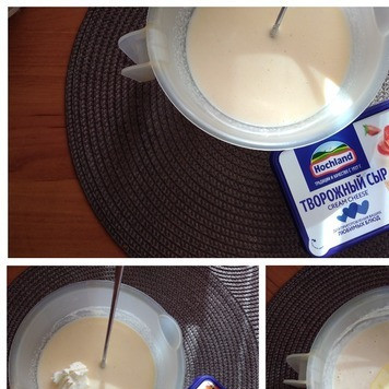 1. Этап. Толстые сырно-манные блины: Делаем тесто для толстых манных блинов. Посуду для теста лучше брать с носиком, очень удобно из неё разливать готовое тесто на сковороду. Выкладываем натуральный йогурт, добавляем соду и ждём реакцию на кислую среду. Кладём сахар, яйцо и соединяем. Добавляем сыр крем-чиз HOCHLAND. Тщательно вмешиваем его в смесь. Выкладываем манку, перемешиваем и даём ей разбухнуть минут 5. По ложке выкладываем муку. Тесто довольно густое. По консистенции напоминает сметану. Наливаем 1 ст л подсолнечного рафинированного масла. Перемешиваем. Масло нужно для того, чтобы не подмазывать сковороду при выпечке блинов.