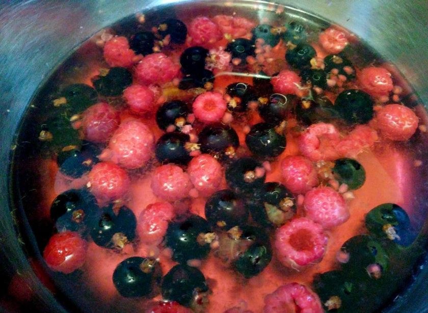 1. Этап. Ягодный пудинг с семенами чиа: Нагрейте содержимое ковша до горячего состояния (температура — 50-60 градусов), доводить до кипения не следует. Достаточно, чтобы ягоды слегка обмякли.