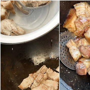 1. Этап. Хо шау ру. Свинина Мао Цзэдуна: И тогда уже в казан пошла свинина. Тут шумовку из рук выпускать нельзя, надо постоянно перемешивать.