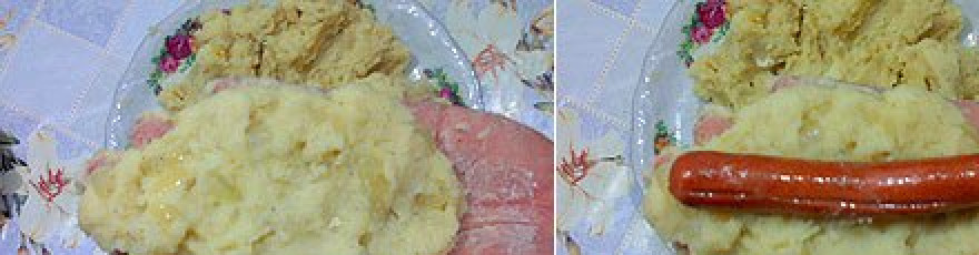 1. Этап. Картофельные зразы с сосиской: Из пюре лепим лепешки помещаем их на ладонь, а в середину кладем сосиску.