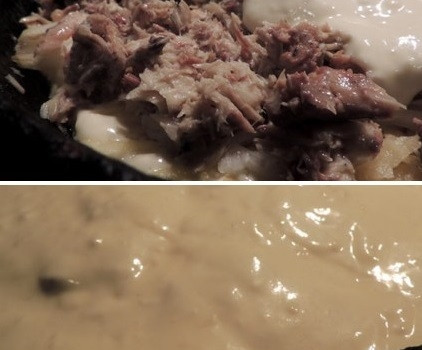 1. Этап. Заливной пирог с картофелем и сайрой: 7. Последней распределите сайру. 