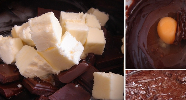 1. Этап. Шоколадные маффины с заварным кремом: 3. Когда смесь станет густой, добавим шоколад и масло кусочками, перемешаем, пусть все растворится. Потом добавим яйца, масло растительное и сахарную пудру. Туда же отправляем смесь муки и разрыхлителя.