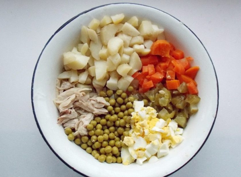 1. Этап. Оливье с курицей: 2. Когда все остынет нужно, нарезать куриное филе, овощи, яйца. Соленые огурцы подбирайте по вкусу. Я люблю, чтобы салат был посолонее, потому что овощи и курица пресные. Зеленый горошек также добавляйте по вкусу. На это количество продуктов достаточно будет одной баночки.