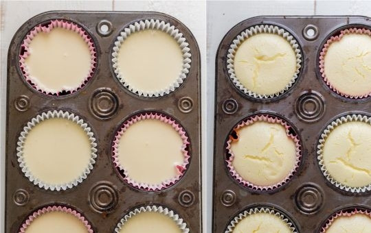 1. Этап. Клубничные мини-чизкейки: 4. Залейте формочки начинкой и запекайте чизкейки 15 минут при температуре 170 градусов. Готовые охлажденные пирожные украсьте взбитыми сливками и половинкой одной клубники.