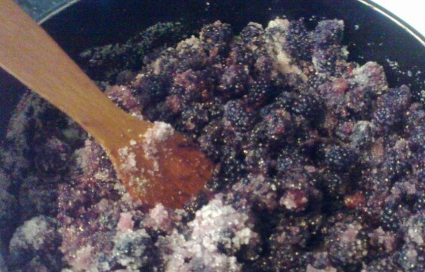 1. Этап. Варенье из ежевики: После того как ягода настоялась ставим на плиту и варим около 30 минут. Варим на медленном огне. В конце добавить желатинирующей смеси и варить еще 5 минут, перемешивая содержимое.