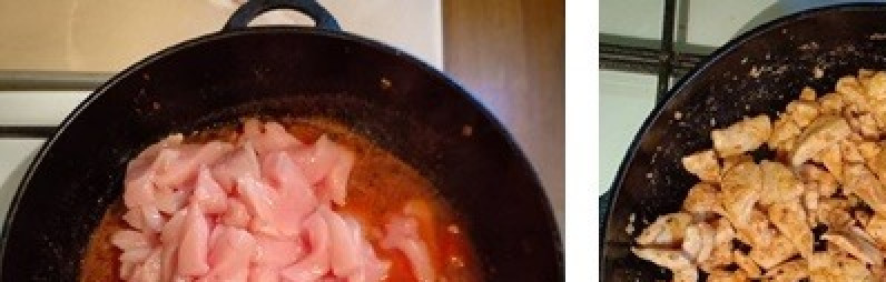 1. Этап. Паста с курицей под чесночно-томатным соусом: В этом же соусе обжарить кусочки курицы до готовности, также слегка присолить, если в сковороде масла немного, добавить еще.