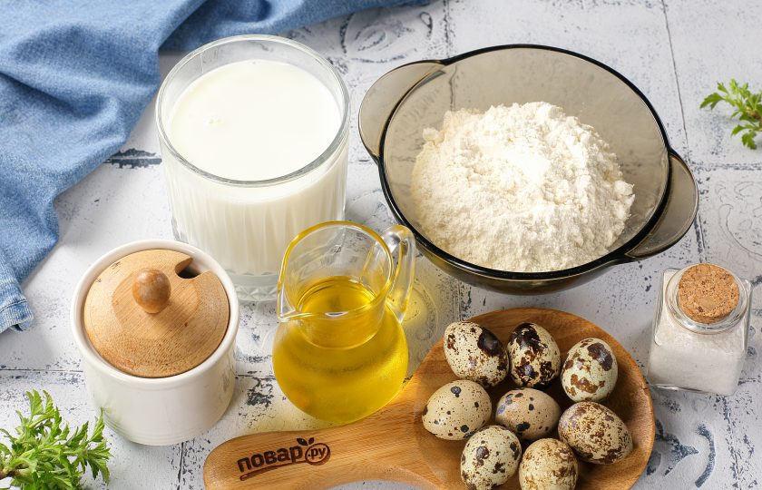 1. Этап. Блины из перепелиных яиц: Подготовьте все ингредиенты.