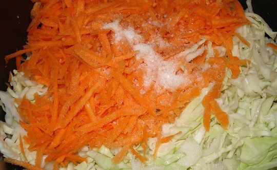 1. Этап. Кабачки с капустой в мультиварке: Добавляем тертую морковь и еще немного соли.