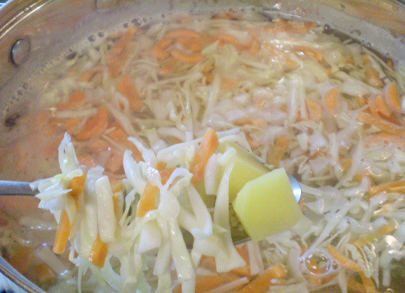 1. Этап. Диетические щи из свежей капусты: 8. Закладываем все остальные продукты, кроме зелени. Варим 30 минут на медленном огне под крышкой.