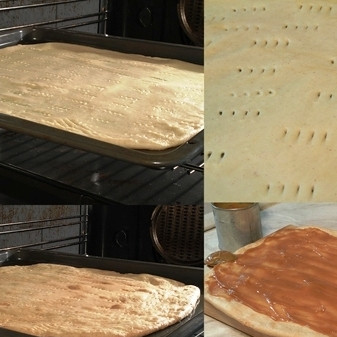 1. Этап. Пирожное с варёной сгущёнкой: Затем раскатываем наш колобок в пласт, выкладываем его на противень, прокалываем вилочкой в нескольких местах - и в духовку, разогретую до 175 градусов, на 20-25 минут.