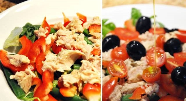 1. Этап. Салат из консервированного тунца: 3. Вымойте и нарежьте помидоры и сладкий перец, выложите на тарелку. Добавьте тунец, маслины или оливки и полейте заправкой. Сверху аккуратно положите ломтики яйца и анчоусы. Все, салат можно подавать к столу.