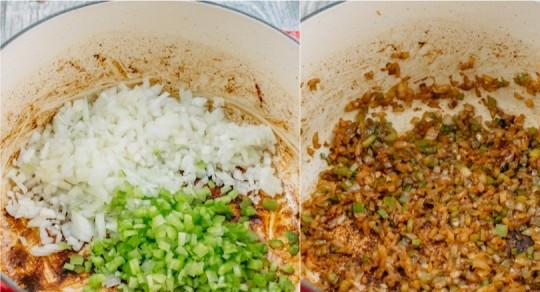 1. Этап. Суп Харчо из говядины: 2. В кастрюлю тем временем отправьте измельченный лук и сельдерей. Обжарьте несколько минут, помешивая.