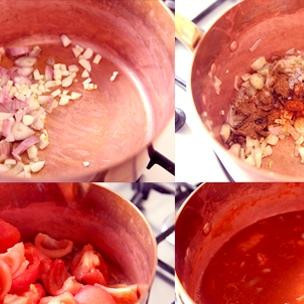 1. Этап. Марокканский томатный суп: Берем глубокую кастрюлю, наливаем в нее оливковое масло, обжариваем в нем нарезанные лук и чеснок. Добавляем нарезанные томаты, стакан горячей кипяченой воды и специи и тушим на среднем огне, постоянно помешивая. Доводим до кипения, варим еще 10 минут и снимаем с огня.