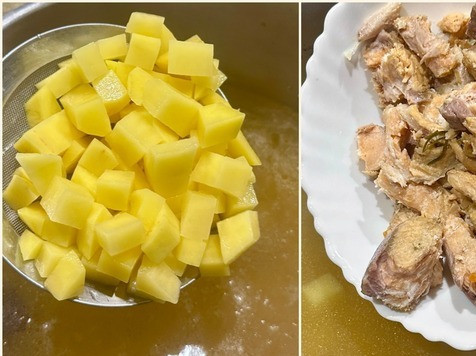 1. Этап. Солянка. Семужий бульон и прочее: Бульон хорошо процедил. Через два сита. Основой бульона послужил суповой набор семужий. Там всякие кости – плавники помимо головы были, ну так вот – дабы избежать, лучше процедить тщательно. И выложил в бульон заготовленную для «просто супа» картошку. Для солянки она вовсе ни к чему, но не пропадать же продукту. И всякое семужье, которое с костей хребтовых, охвостья, головы из супового набора обобрал. Включаю такой же режим «томления», пусть себе картошка потихоньку варится.