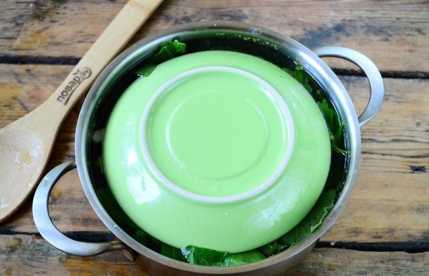 1. Этап. Малосольные огурцы за сутки: Накройте огурцы тарелкой или крышкой (в диаметре меньше кастрюли), а сверху положите груз. Оставьте кастрюлю с огурцами при комнатной температуре на сутки.