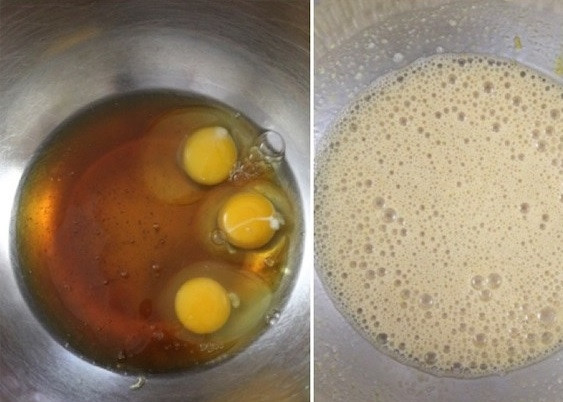 1. Этап. Медовик простой: 1. В миску вбейте куриные яйца, к ним добавьте жидкий мед и взбейте все до образования пенистой массы.