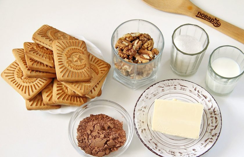 1. Этап. Кондитерская колбаска из печенья: 1. Подготовьте все ингредиенты.