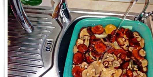 1. Этап. Волнушки в кляре: 2. Заливаем холодной водой. Если хотите совсем уж не горькие грибы - оставьте их на сутки в этой воде, а потом ее поменяйте.