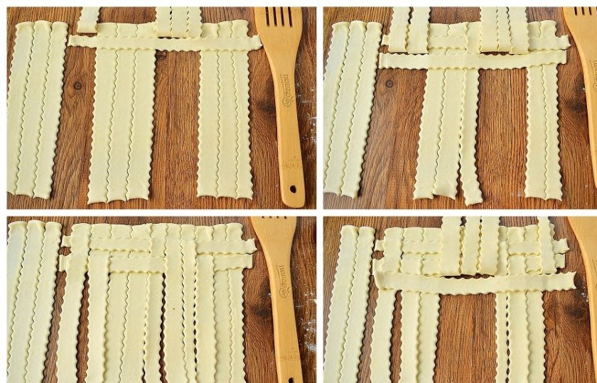 1. Этап. Куриные мини-пироги в горшочках: Тесто раскатайте в тонкий пласт. Разрежьте на полоски шириной примерно по 2 см. Переплетите полоски так, как показано на фото. Узор — 