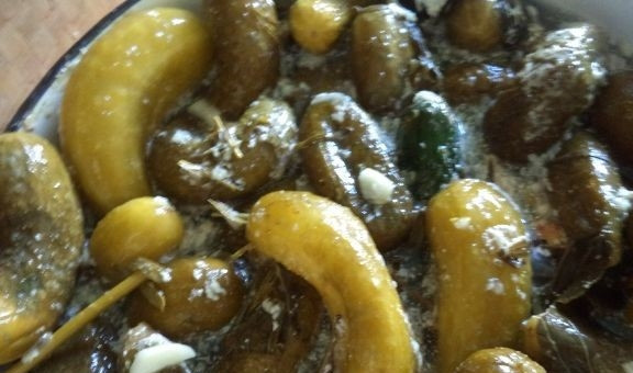 1. Этап. Соленые огурцы без уксуса на зиму: 2. Подготовьте кастрюлю. Положите на дно приправы. Сложите огурцы. Залейте овощи рассолом. Убедитесь, что огурцы находятся в воде. Накройте овощи гнетом. Для того чтобы продукты просолились, понадобится два-три дня.