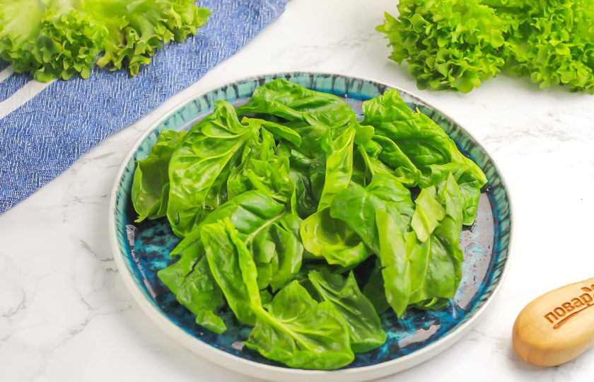 1. Этап. Салат с нектаринами и дыней: Срежьте стебли шпината и стряхните лишнюю влагу, выложите листья на тарелку.