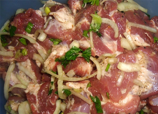 1. Этап. Шашлык по-американски: Мясо хорошо перемешать, чтоб лук дал сок. Оставить мариноваться полчаса.