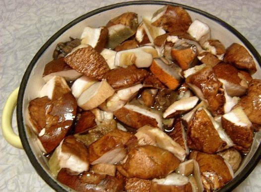 1. Этап. Икра из белых грибов: Нарезаем грибы большими кусками. При термической обработке, которой грибы будут подвергаться, они очень сильно уменьшатся в размерах. Нарезанные грибы погружаем в холодную воду и хорошенько промываем. В воде грибы держим недолго, так как трубчатый слой белых грибов быстро впитывает воду, а лишняя влага при готовке нам не нужна.