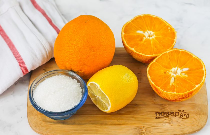 1. Этап. Компот из апельсина и лимона: Подготовьте указанные ингредиенты.