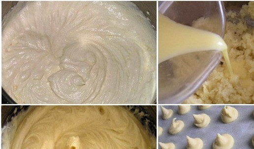 1. Этап. Праздничный Крокембуш: Приготовьте заварное тесто. Муку смешайте с сахаром и солью. В кастрюльку влейте молоко, воду, добавьте масло, поставьте на огонь и нагревайте, пока масло не растает, затем увеличьте огонь и быстро вскипятите смесь. Засыпьте в кипящую смесь муку, перемешайте и снимите с огня. Дайте остыть около 10 минут. Поставьте снова на огонь и вымешивайте 2-3 минуты, чтобы подсушить тесто. Яйца немного взбейте. Тесто взбейте на средней скорости и постепенно добавьте яичную смесь, продолжая взбивать, пока тесто не станет густым и глянцевым. Соберите тесто в кондитерский мешок и отсадите на противень, застеленный бумагой для выпечки 40-50 профитролей, оставляя некоторое расстояние между ними.