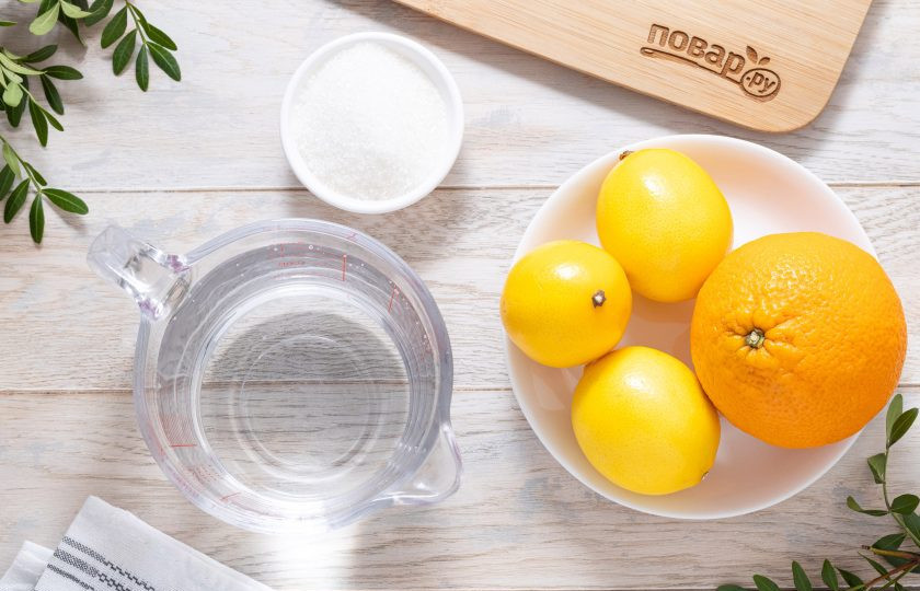 1. Этап. Домашний лимонад из лимона и апельсина: Подготовьте все ингредиенты.