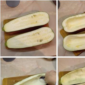 1. Этап. Кабачки, фаршированные рисом и тушенкой: Кабачки помыть и разрезать вдоль на половинки так, чтобы получились лодочки. Ложкой удалить мякоть.