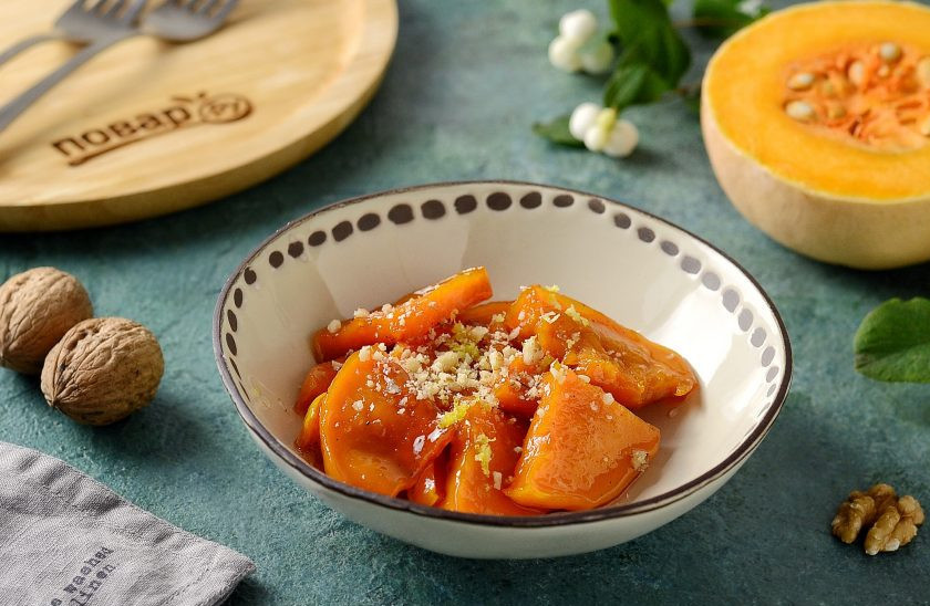 1. Этап. Кабак татлысы: Перед подачей посыпьте тыкву измельченными грецкими орехами. Приятного вам аппетита!