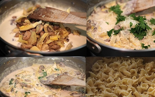 1. Этап. Грибная паста: 3. Выложите в кипящие сливки грибы, потушите пару минут, добавьте щепотку свежей зелени. Макароны откиньте на дуршлаг, а затем переложите на сковороду к соусу, как следует перемешайте.