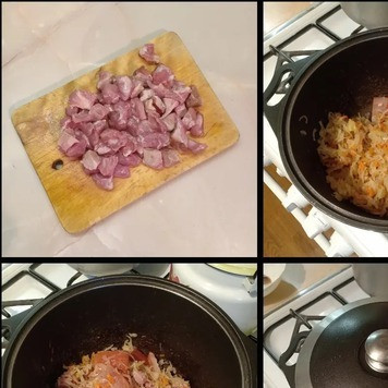 1. Этап. Щи суточные: Мясо нарезать средними кубиками. Квашеную капусту порубить и выложить в кастрюлю с толстым дном. Туда же добавить свиные копчености, немного растительного масла и тушить 1ч на среднем огне пока капуста не станет мягкой.