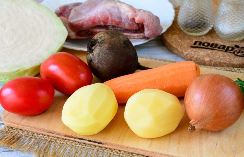 1. Этап. Борщ без зажарки: Подготовьте продукты по списку для приготовления борща без зажарки.