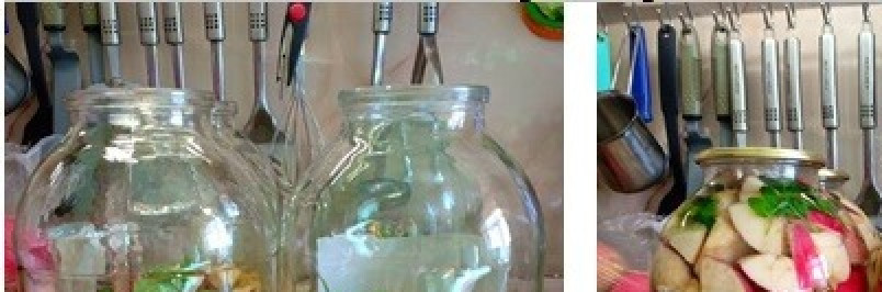 1. Этап. Компот из яблок и мяты: В заранее простерилизованные банки на 1/3 уложить дольки яблок, добавить несколько веточек мяты, залить кипятком, накрыть крышкой и оставить на 20мин.