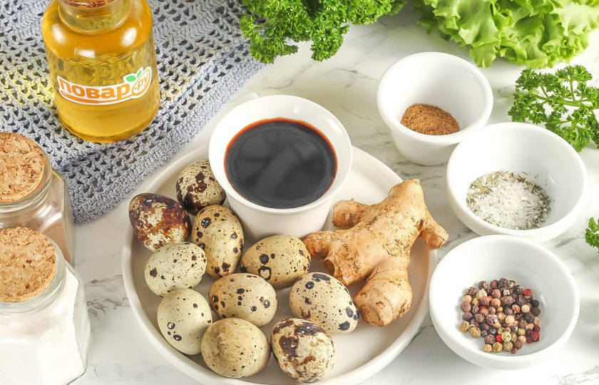 1. Этап. Перепелиные яйца по-китайски: Подготовьте указанные ингредиенты. Чтобы получить более насыщенный цвет, добавляйте к соусу крепкую заварку черного чая без добавок.